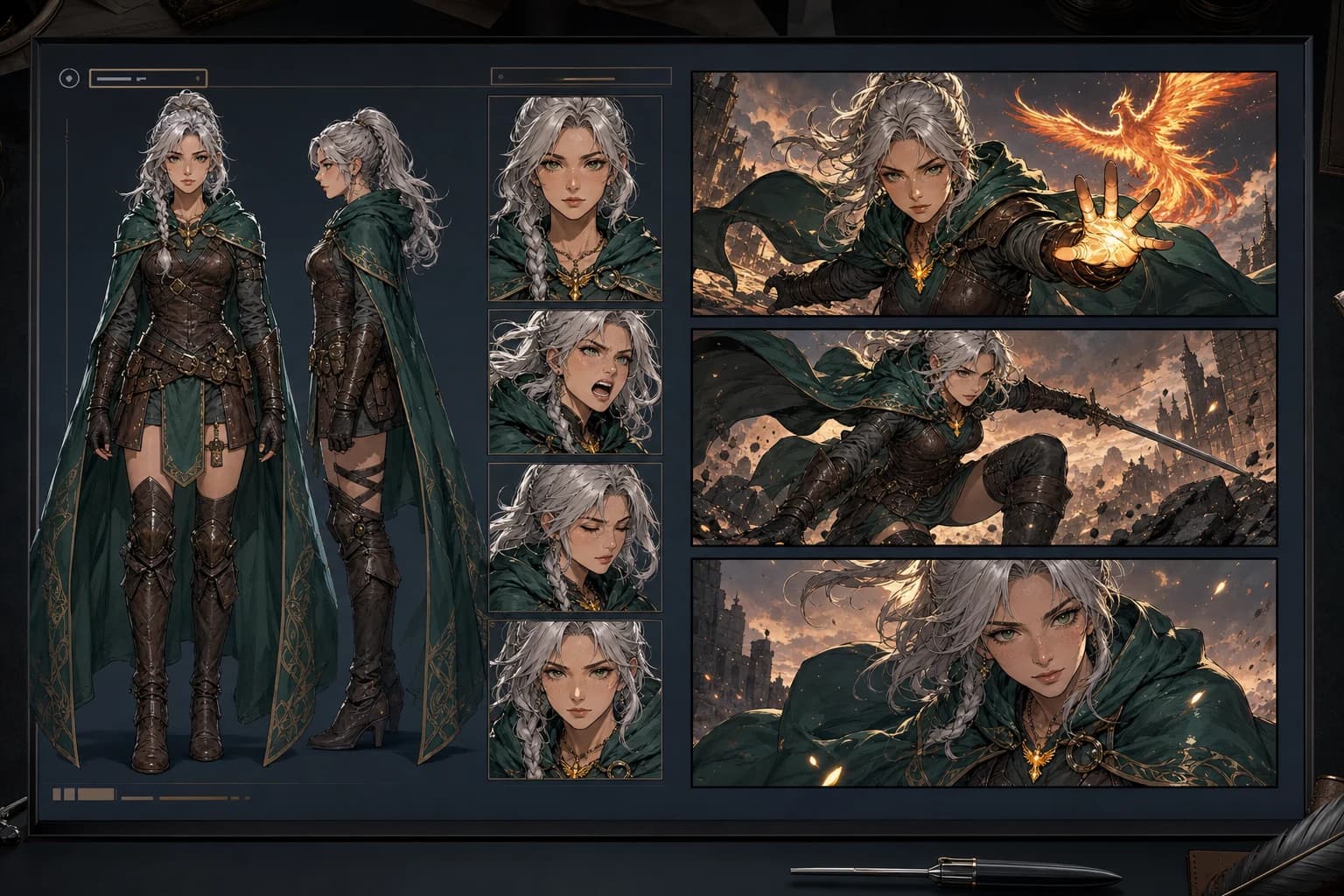 Character continuity board with consistent heroine design and comic panels
