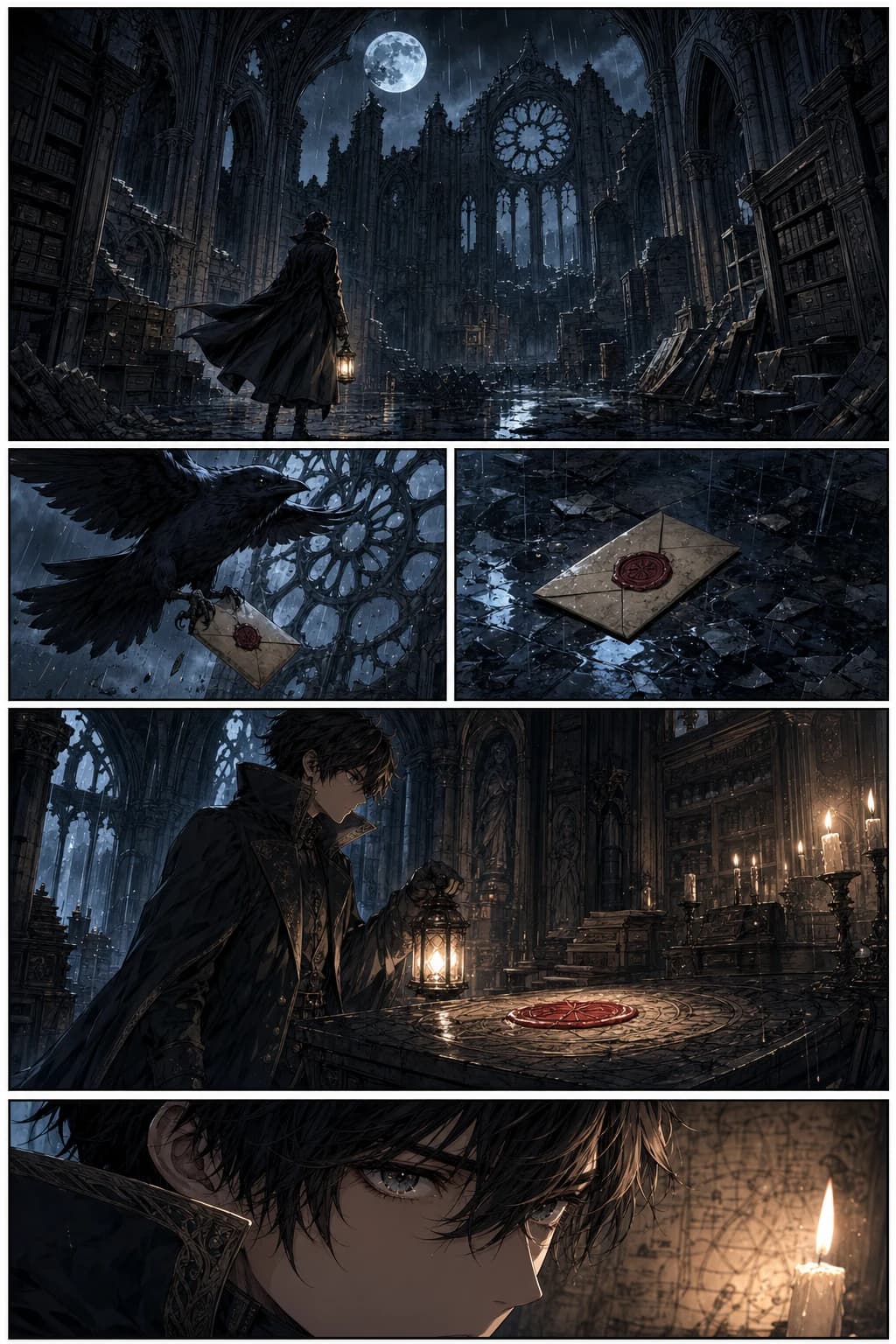 Gothic cathedral archive scene, colour pass — manga page colourised with LlamaGen