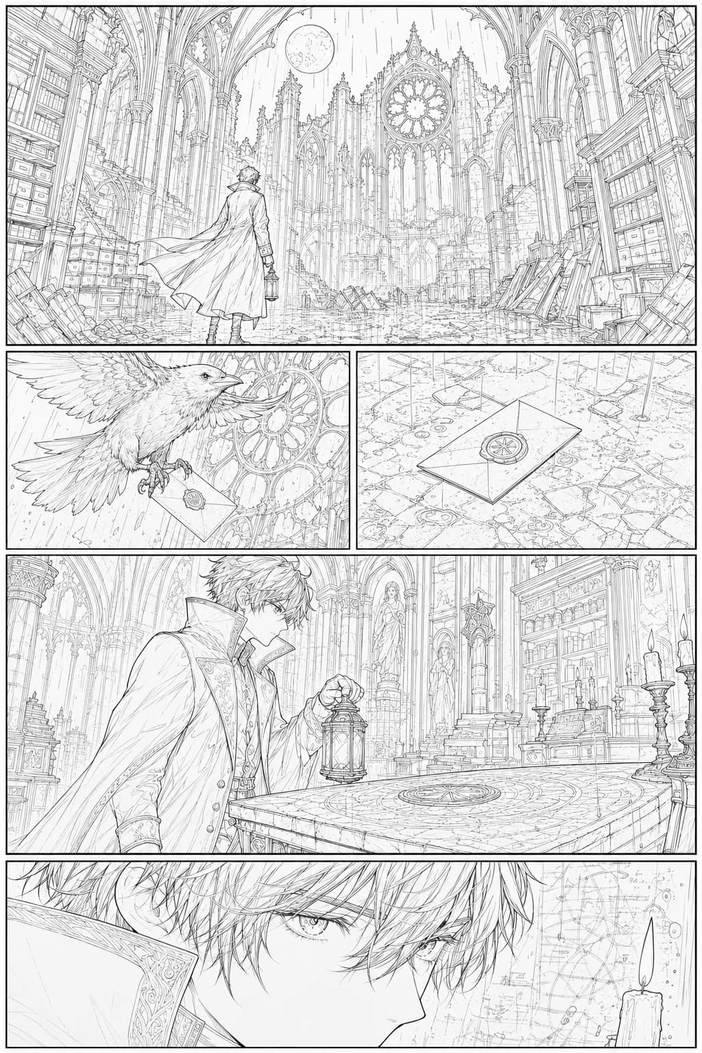 Gothic cathedral archive scene, line art pass — manga page colourised with LlamaGen