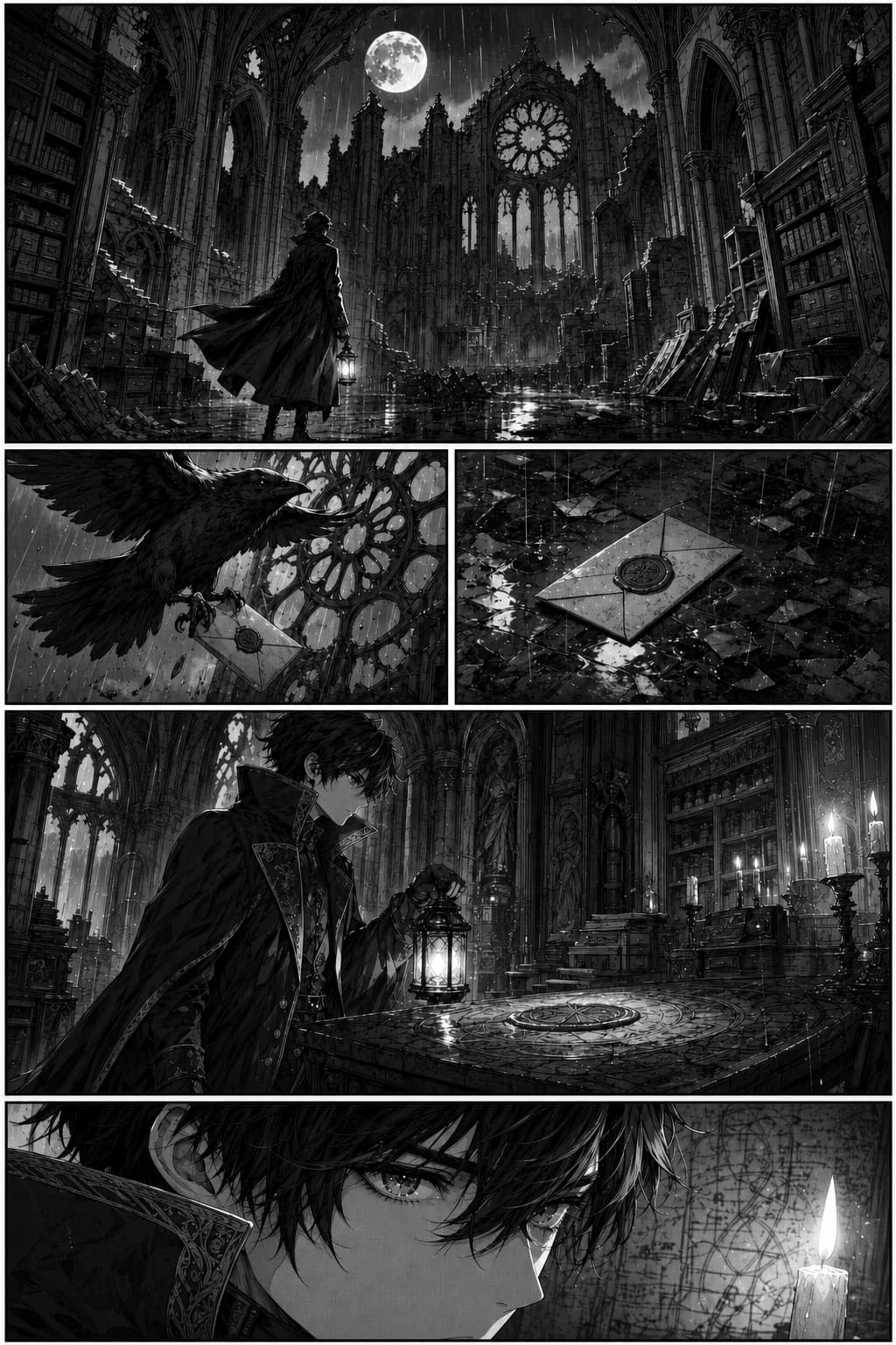 Gothic cathedral archive scene, tone pass — manga page colourised with LlamaGen
