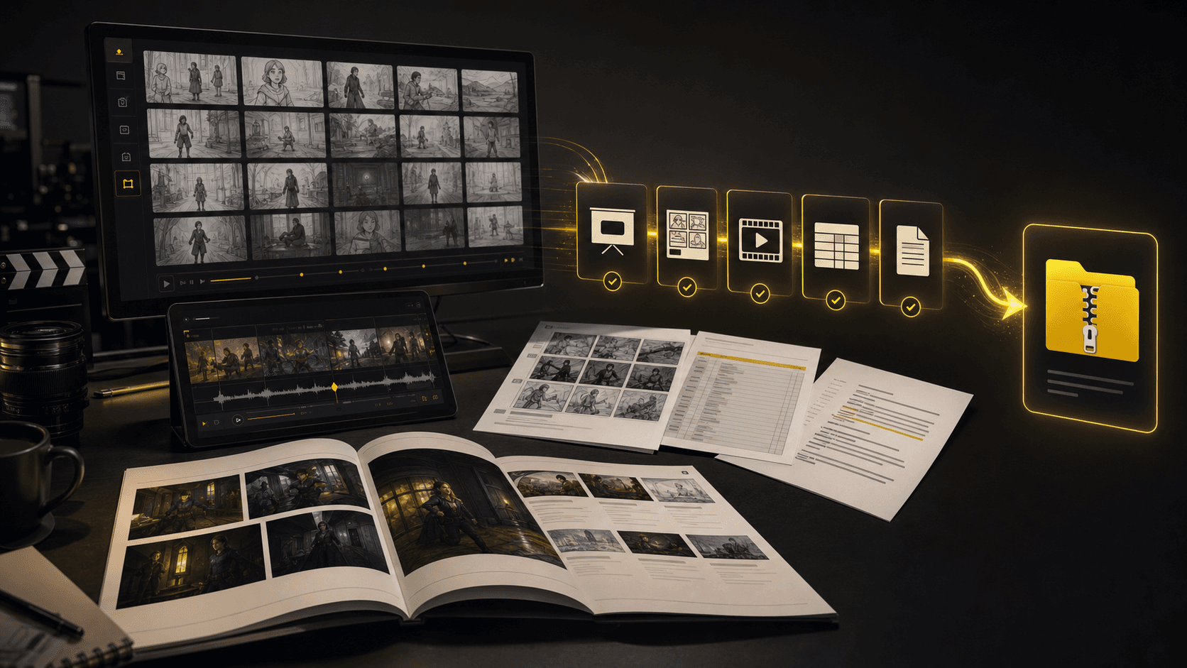 Generated storyboard export suite with pitch deck, PDFs, shot list, animatic, and zipped handoff package