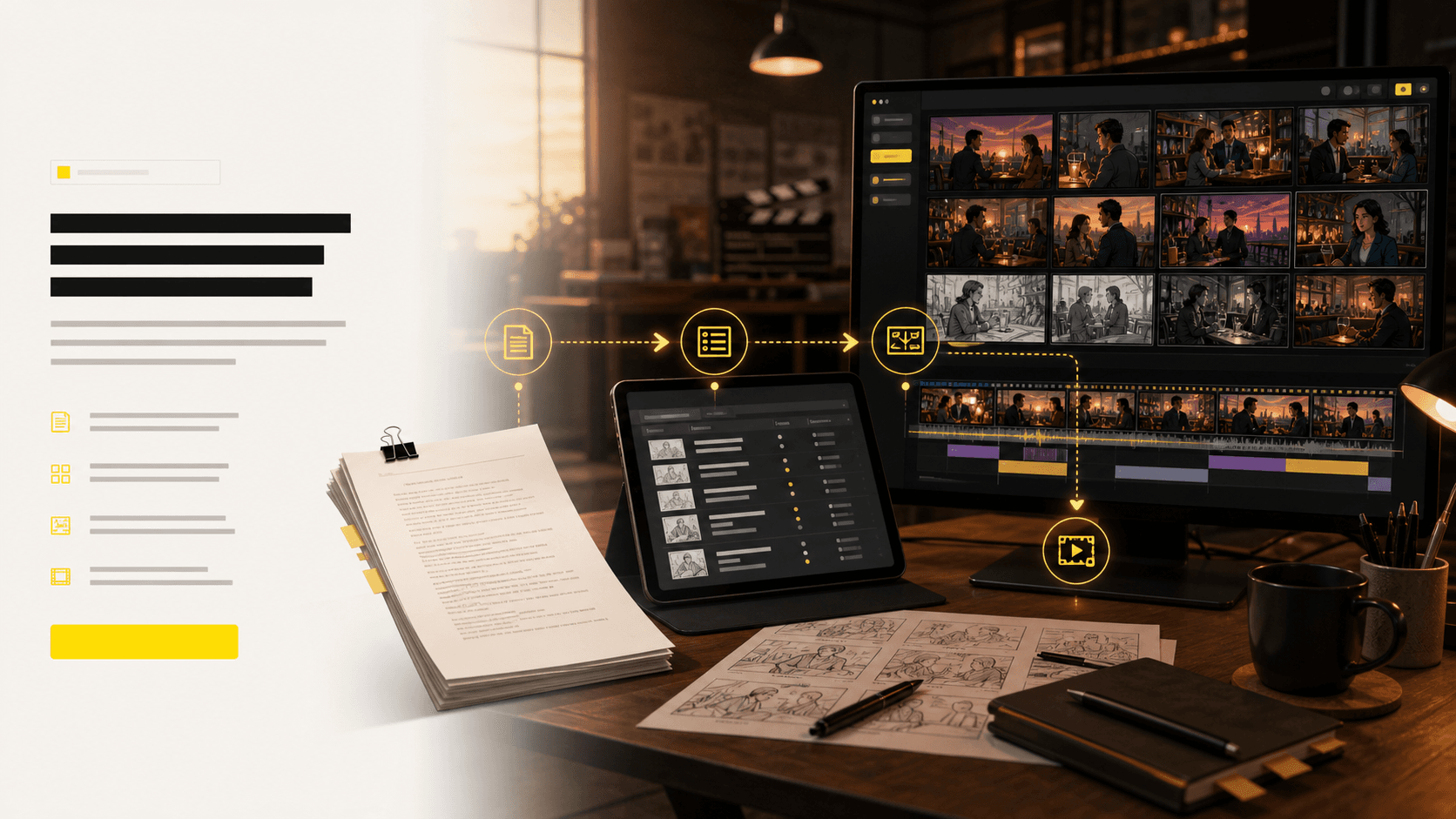 Generated AI storyboard pipeline showing script extraction, shot list planning, storyboard panels, and animatic timeline