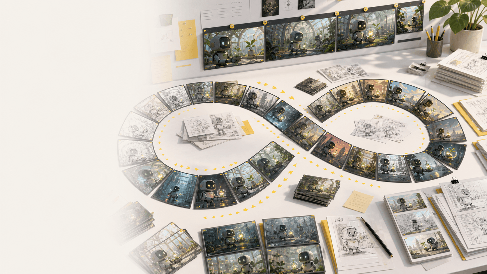 Generated storyboard variation desk showing many AI storyboard frame options, sketches, and revisions
