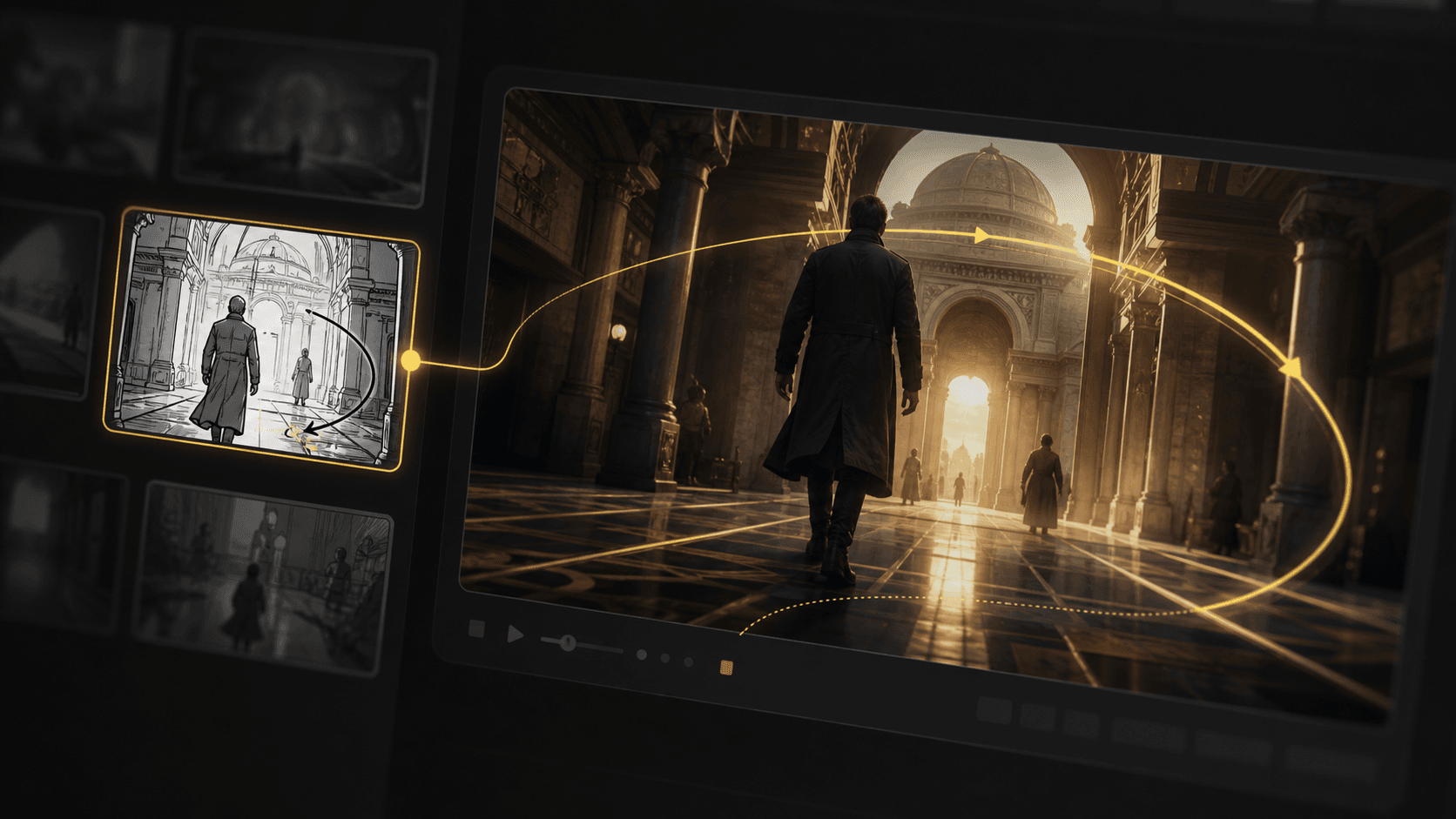 Generated AI storyboard video preview with camera motion path
