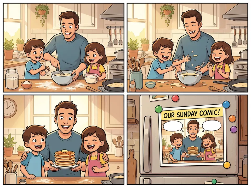 Four-panel family breakfast comic generated from a photo prompt