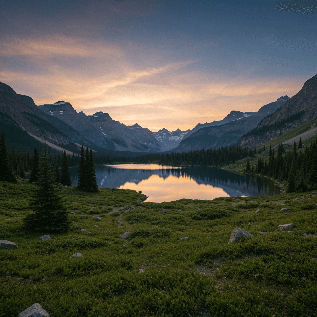 An alpine lake at sunset framed from a slightly elevated wide angle, reflecting pastel sky colors with evergreen trees, boulders, distant rugged peaks, soft natural backlight, and a calm cinematic atmosphere.