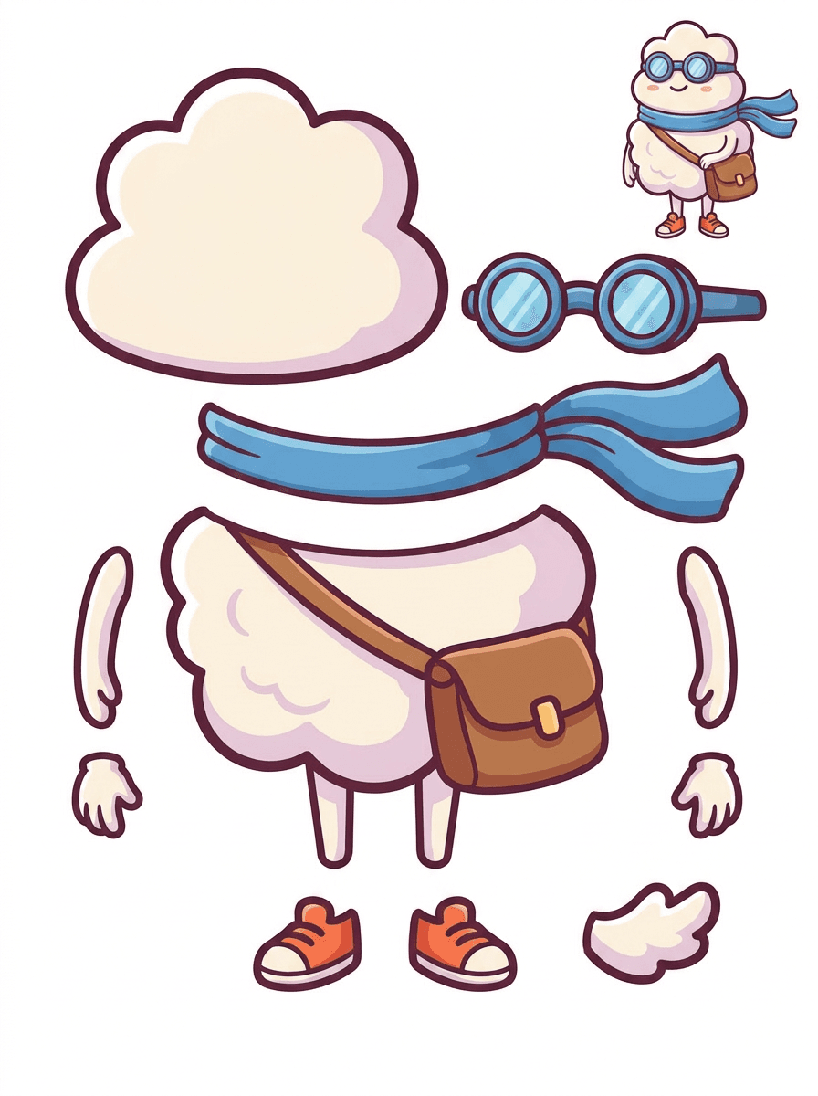 Split asset sheet for a cloud delivery cartoon mascot