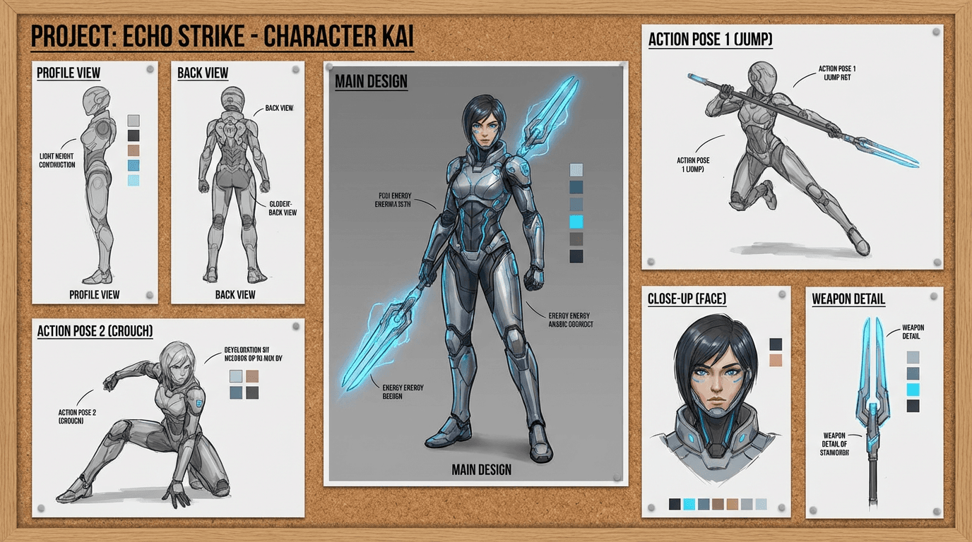 AI character design pose and camera angle reference board