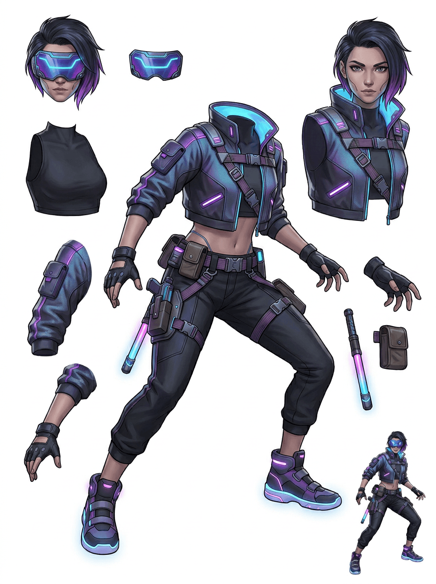 Split asset sheet for a cyberpunk game runner hero