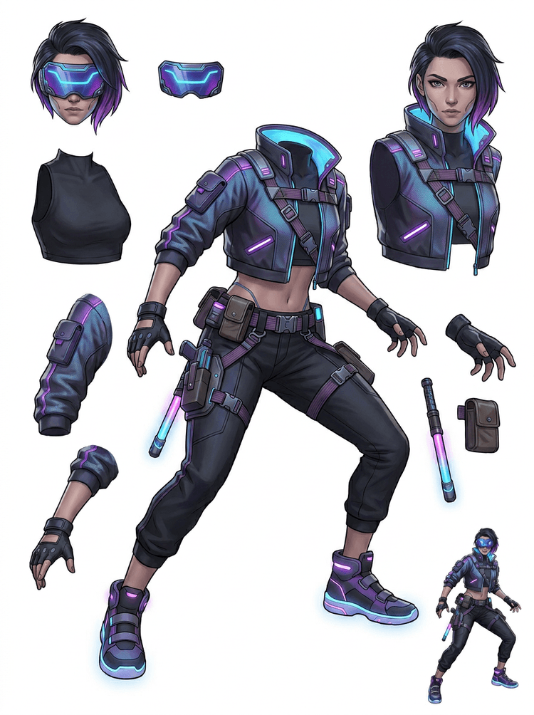 Split asset sheet for a cyberpunk game runner hero