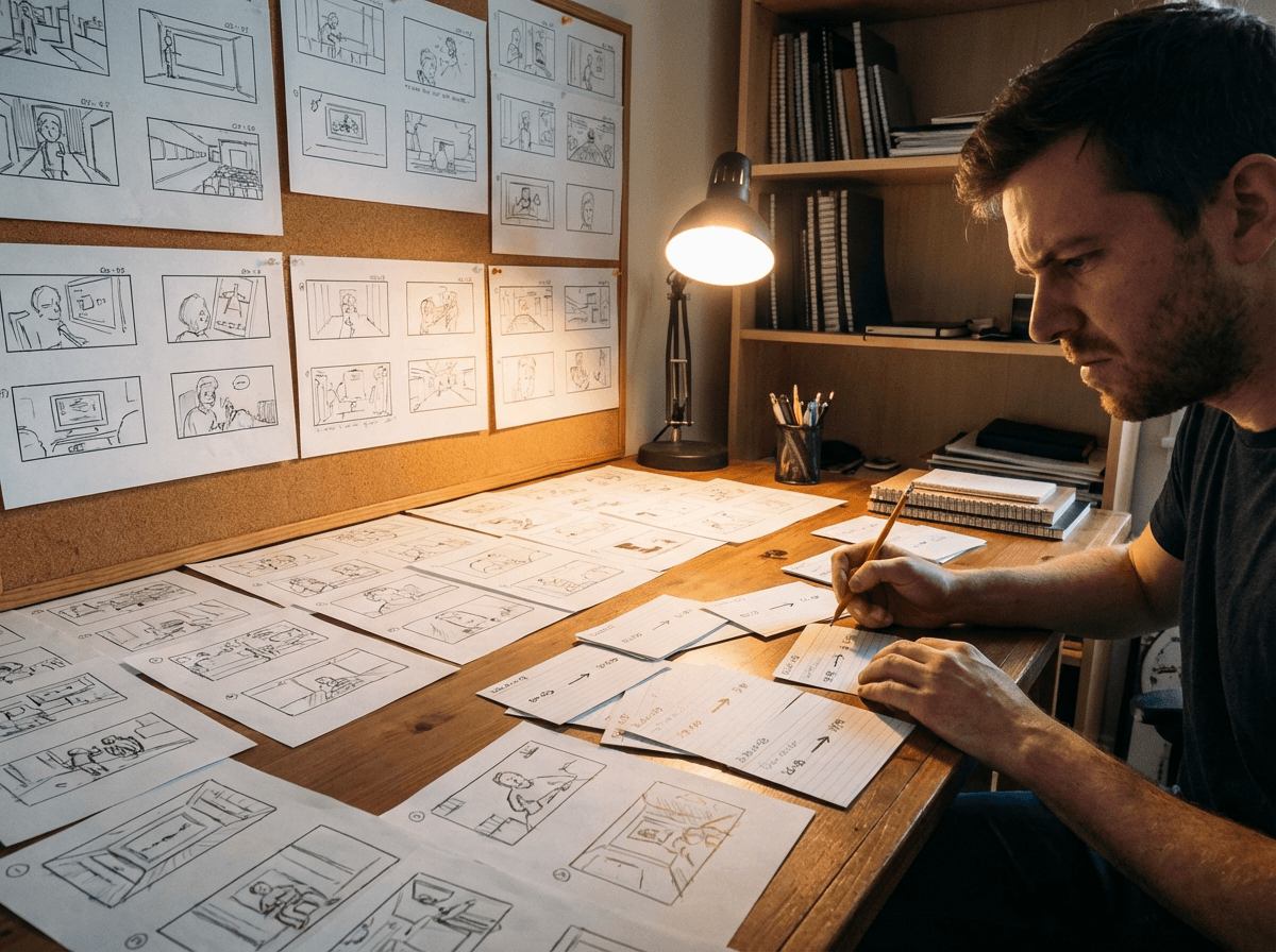Comic panels arranged as a storyboard timing plan