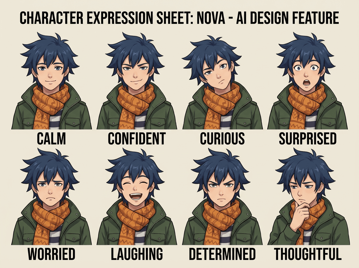 AI character expression sheet with consistent identity
