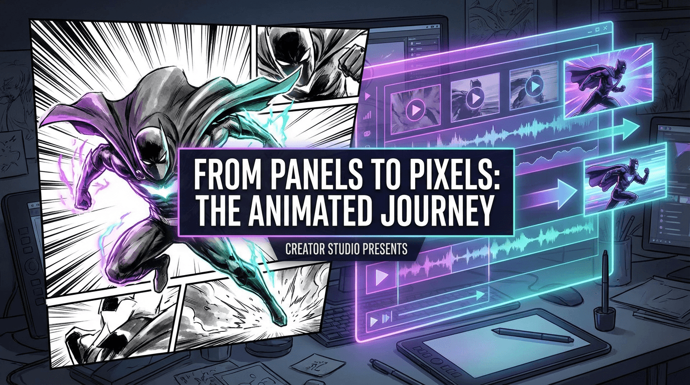 Comic panels turning into an animated video timeline