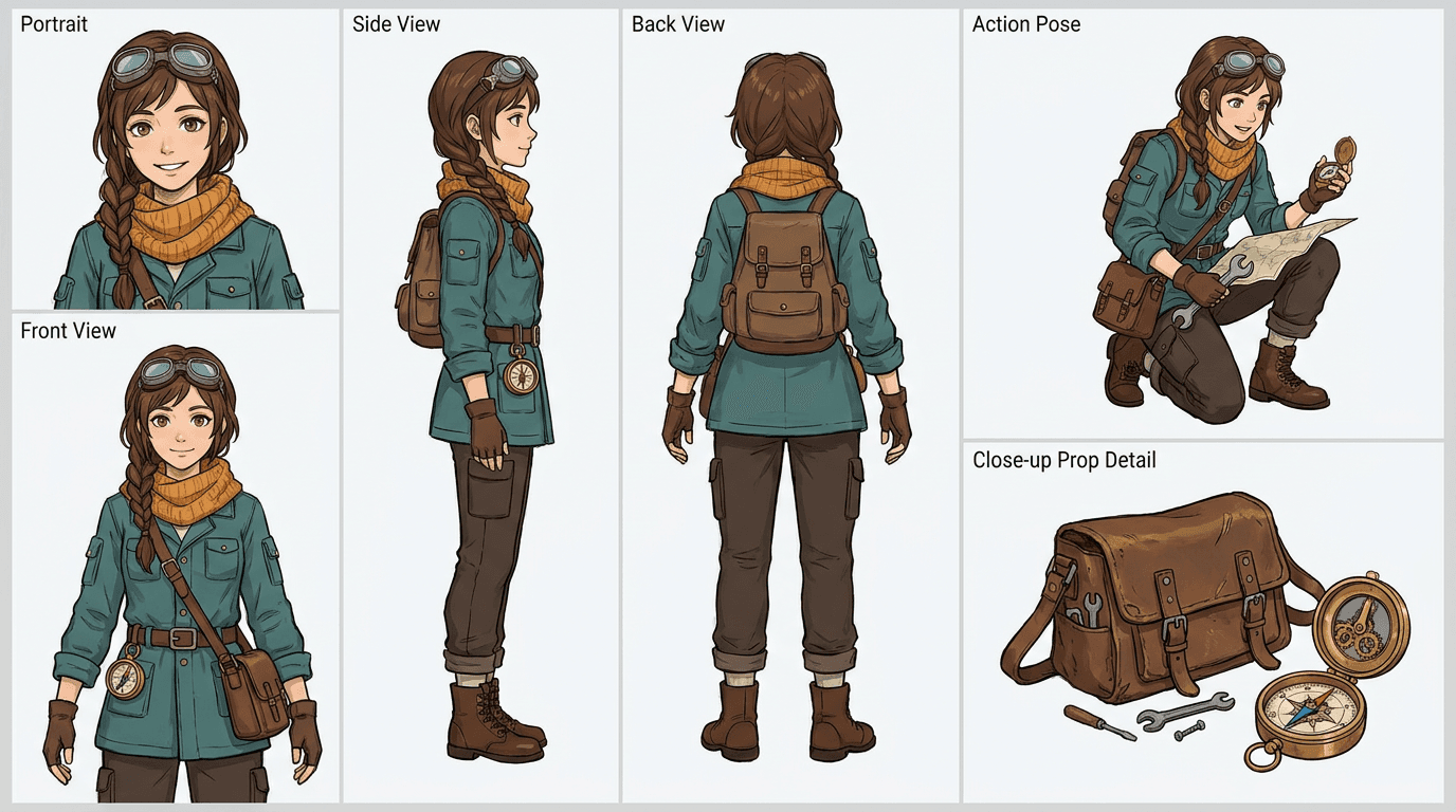 AI character design turnaround sheet with consistent face, outfit, props, and silhouette