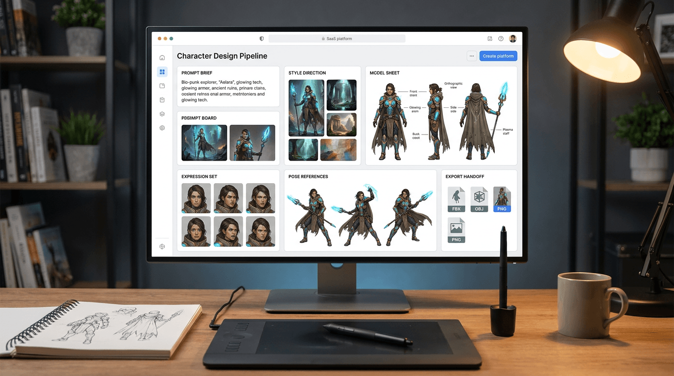AI character design workflow showing a production-ready character sheet review