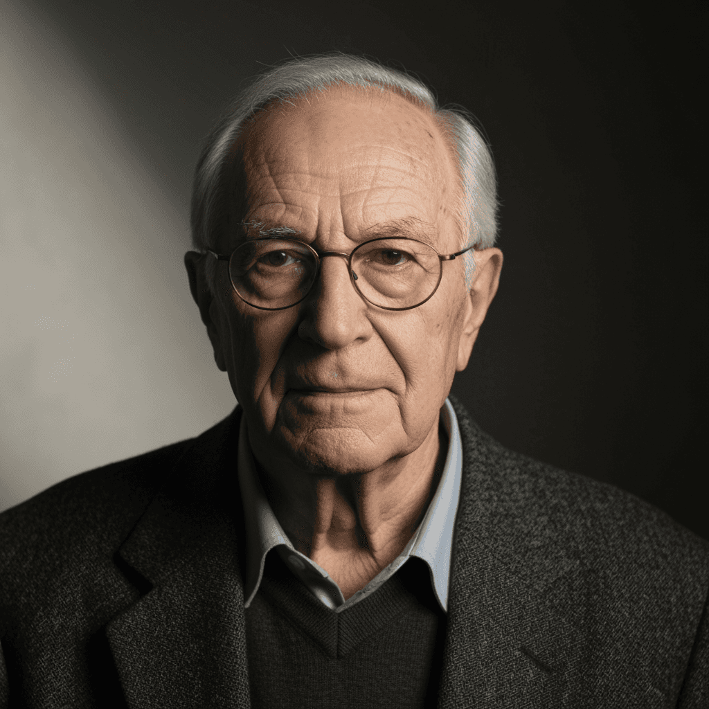 A close-up portrait of an elderly man with a wise expression, centered in a head-and-shoulders composition with shallow depth of field, soft directional lighting, subdued neutral tones, textured gray-white hair, pale skin, and a dark background that keeps attention on the face.