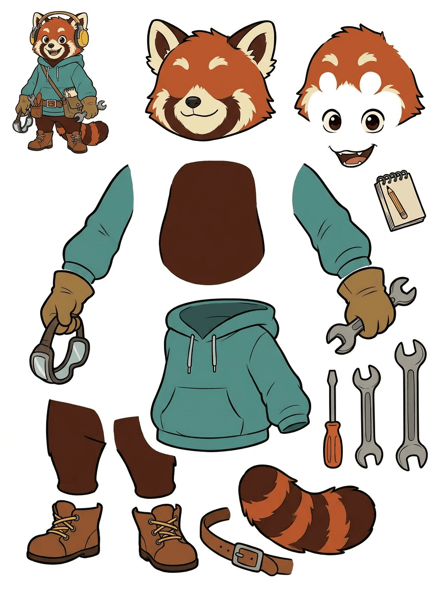 Split asset sheet for a cartoon red panda studio mascot