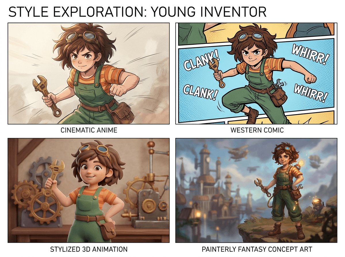 Same AI character explored across several original art styles