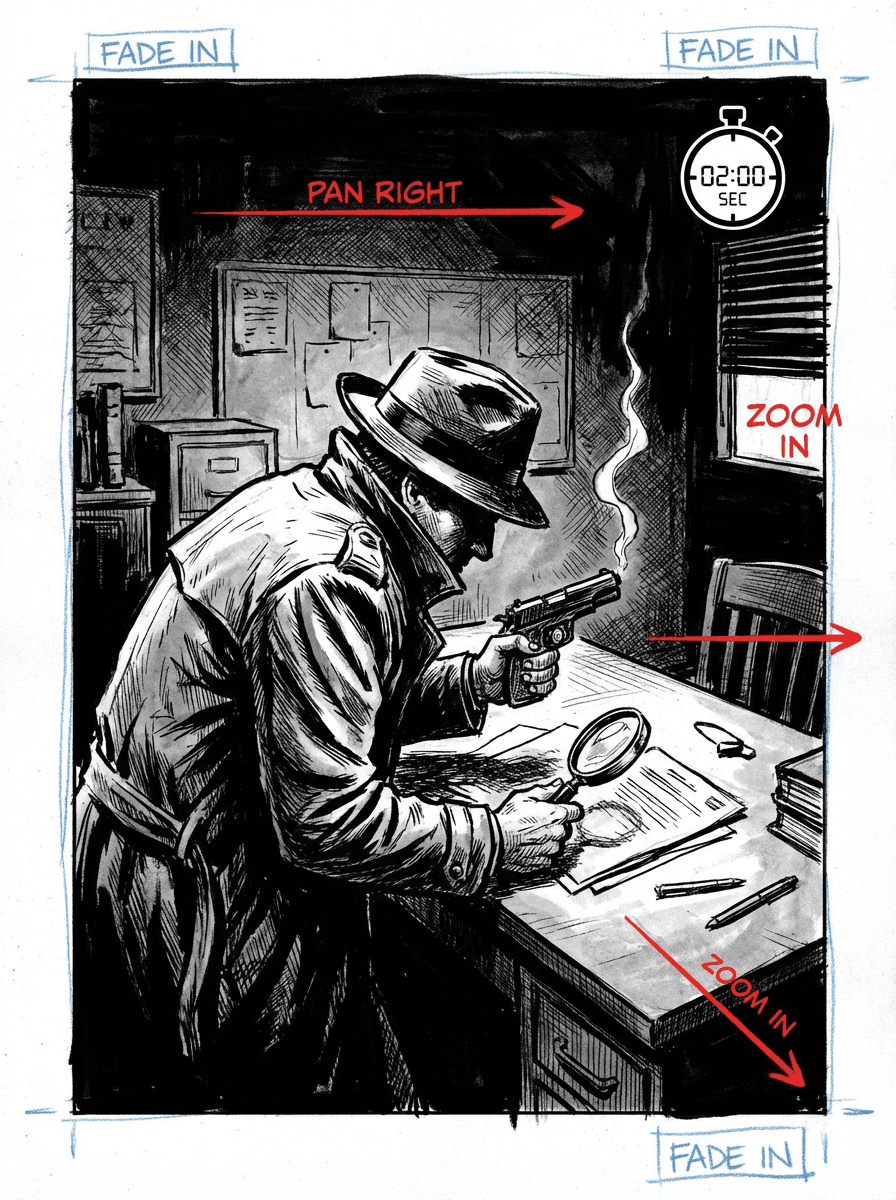 Noir comic panel converted into an animated scene