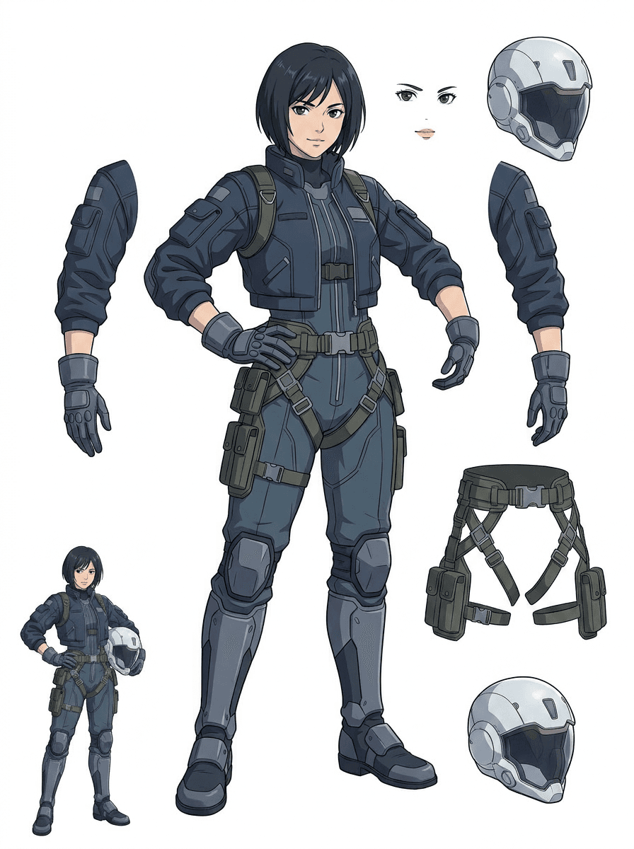 Split asset sheet for an anime sci-fi mecha pilot