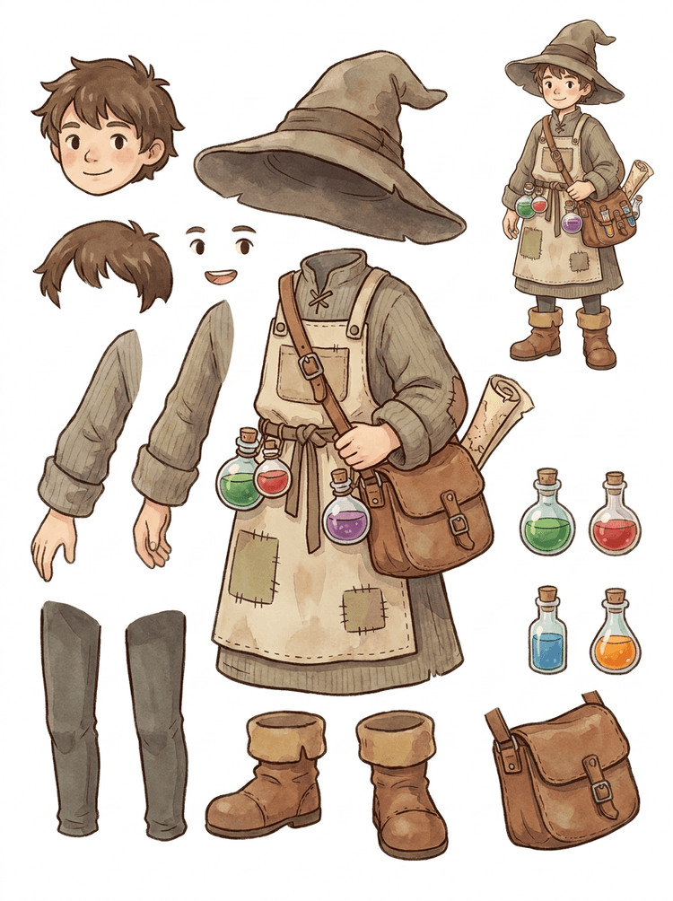 Split asset sheet for a cozy RPG alchemist NPC