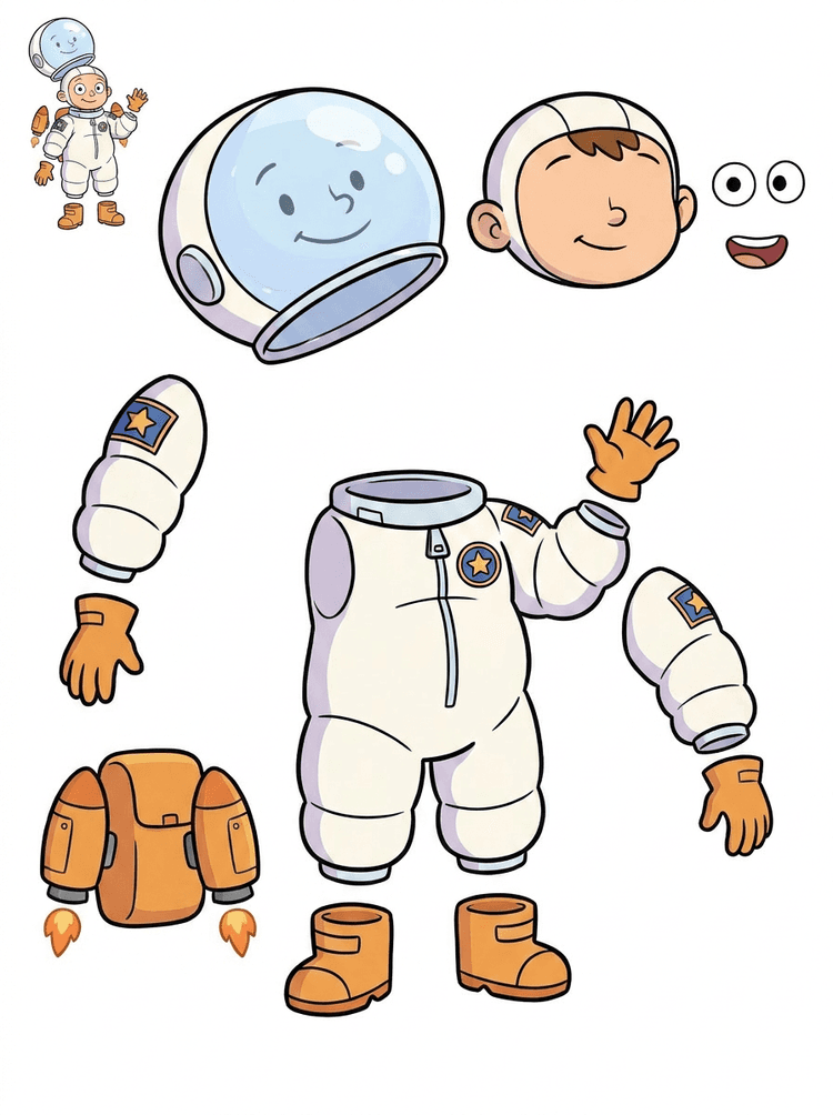 Split asset sheet for a cartoon kid astronaut character