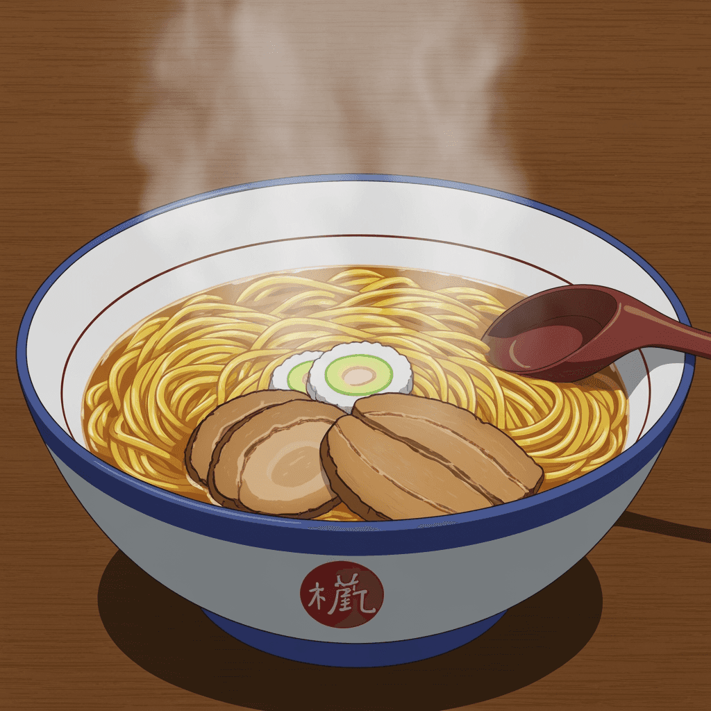 A steaming bowl of ramen on a wooden tabletop, seen from a slightly elevated three-quarter angle with golden noodles, rich toppings, soft diffused overhead light, warm earthy colors, and visible rising steam.