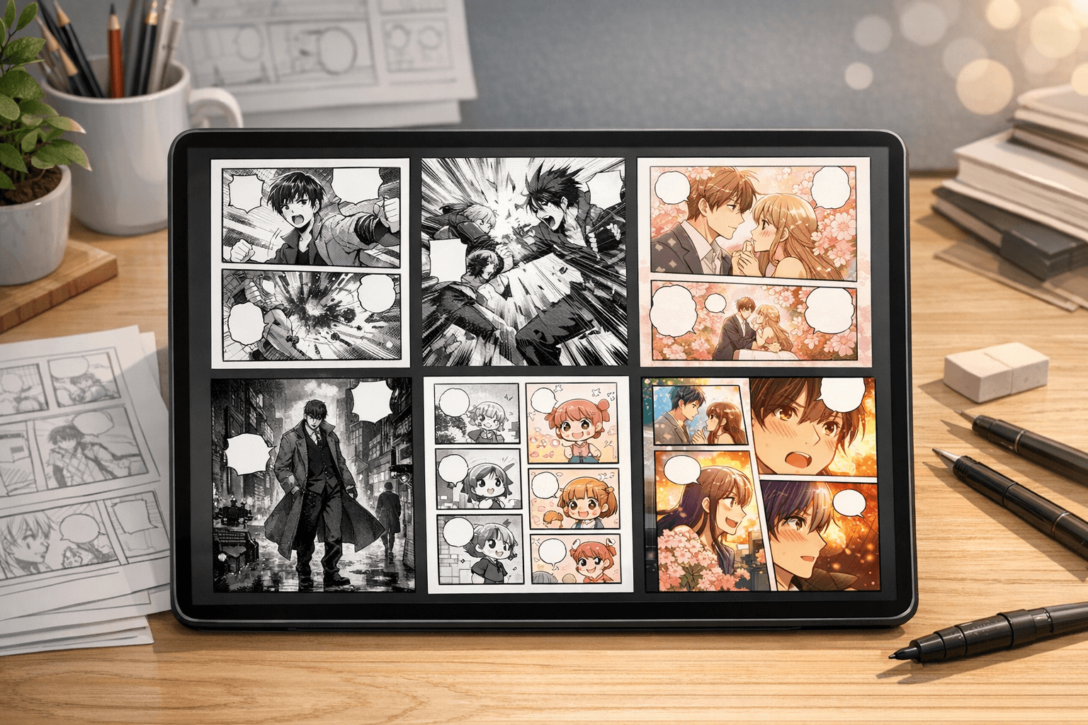 AI manga generator preview with classic ink, shonen, shojo, seinen, chibi, and manhwa pages