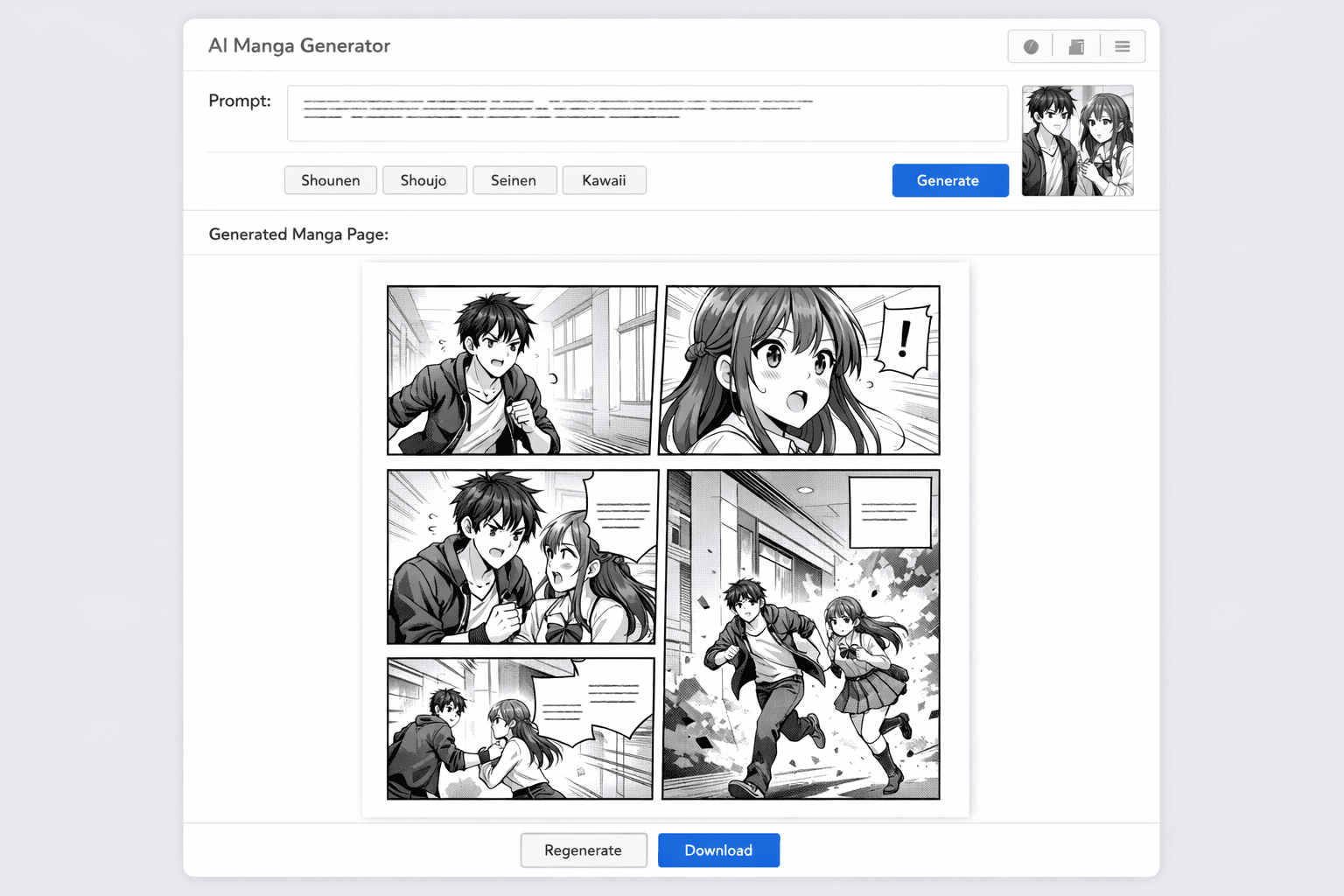 AI manga story generator interface creating a multi-panel manga page