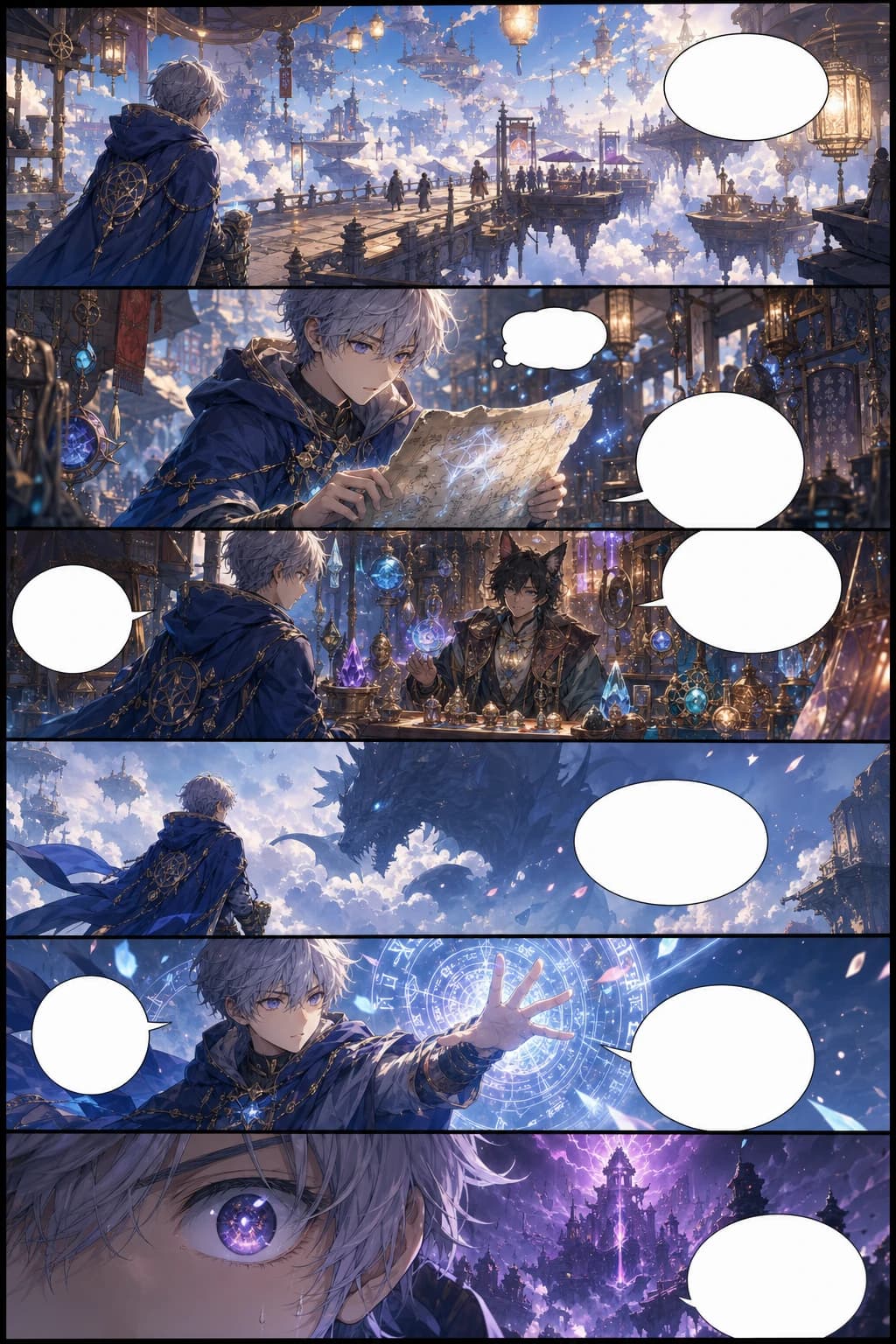 Página vertical de webtoon de fantasía generada a partir de texto con paneles apilados