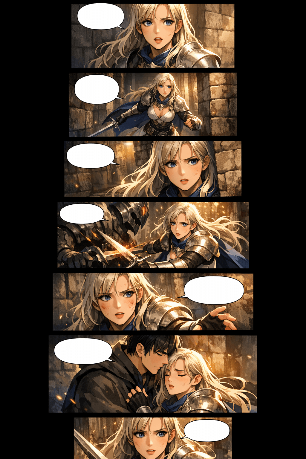 AI webtoon generator result with stacked vertical scroll comic panels and consistent fantasy heroine
