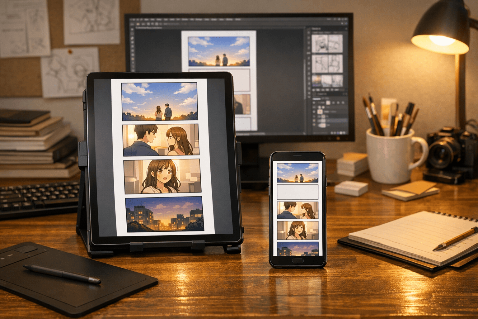 Creator workspace previewing a vertical webtoon page on tablet and phone for platform export