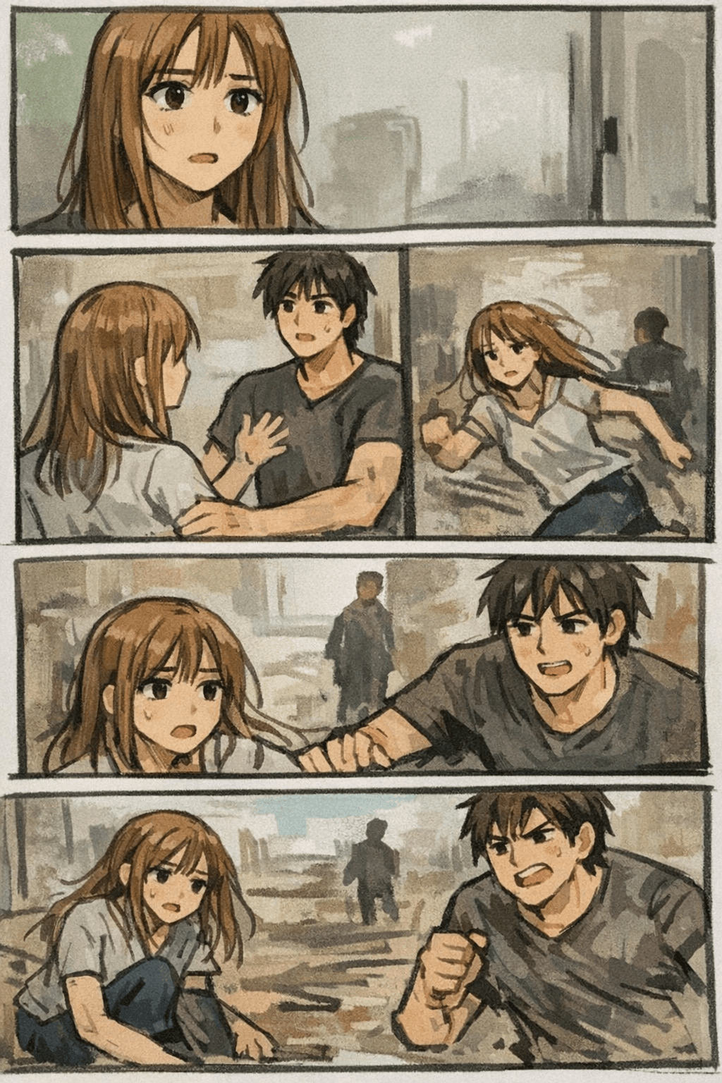 Generic AI manhwa output with inconsistent characters and weak panel rhythm