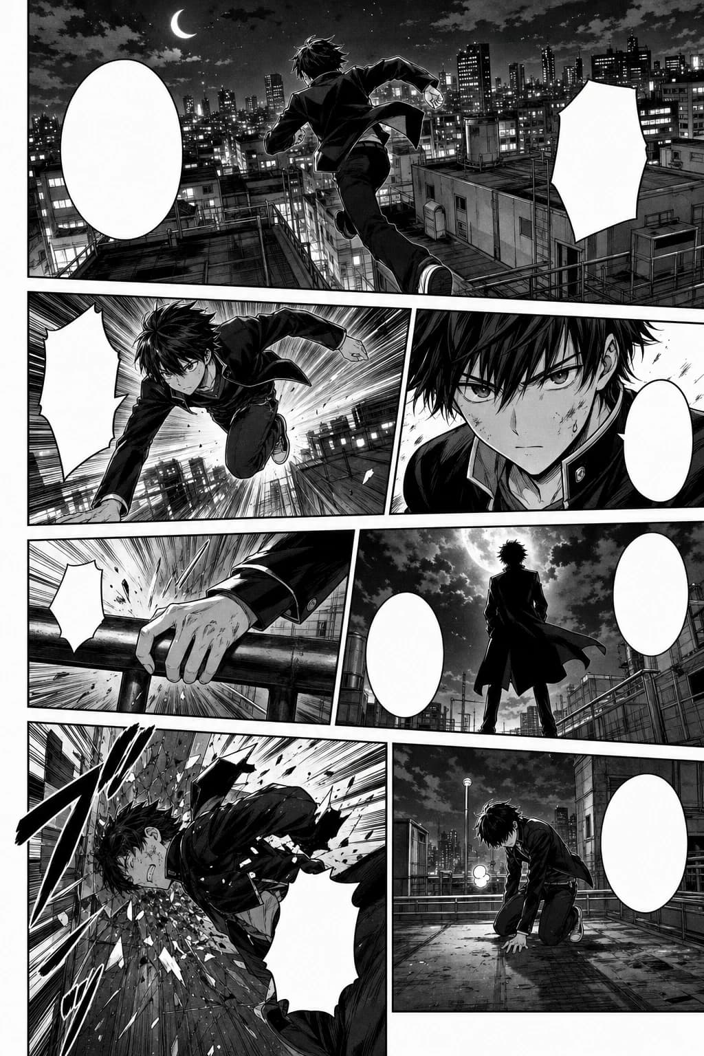 Action-packed webtoon panel sequence in black-and-white manga style with rooftop motion