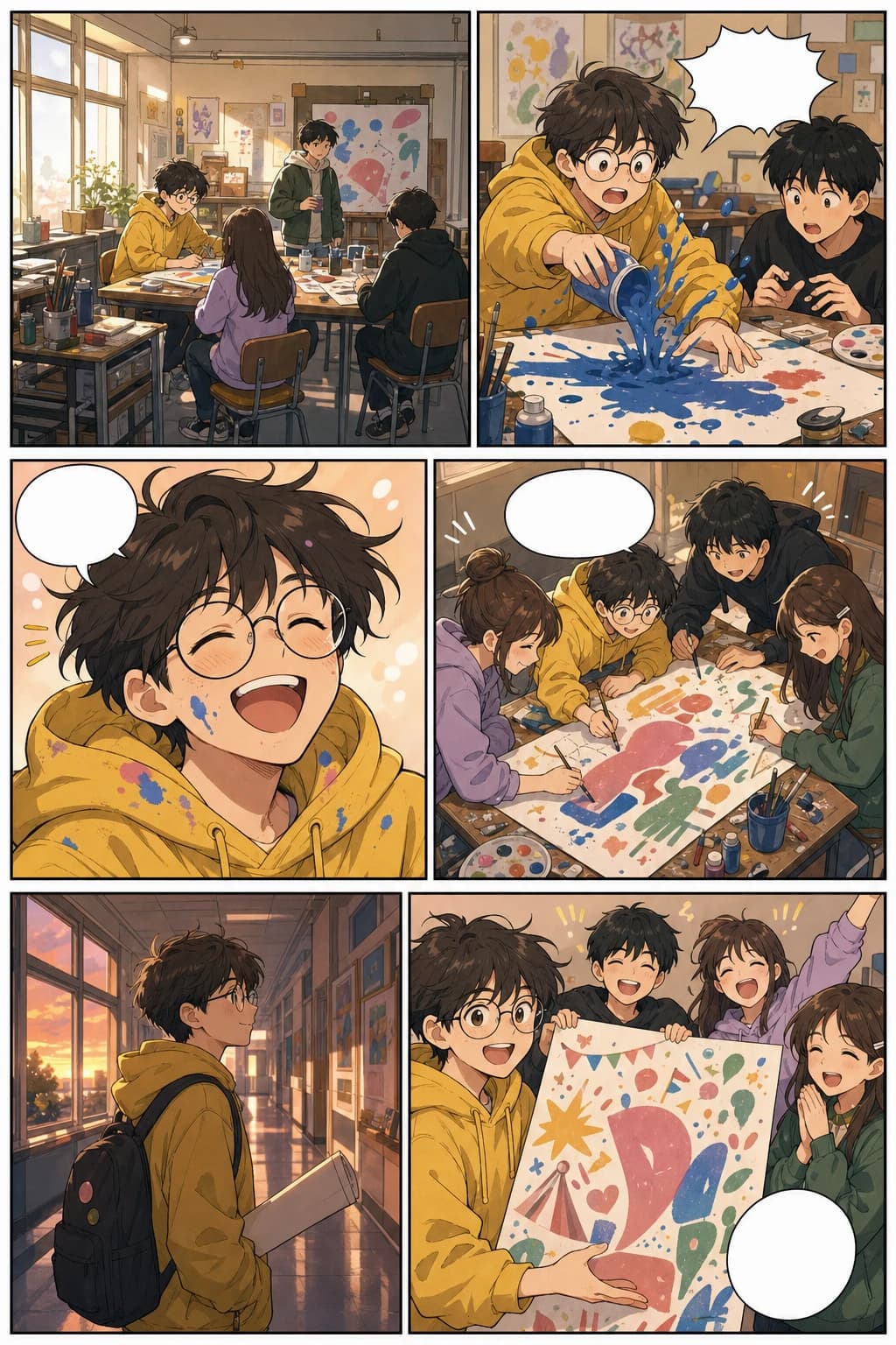 Slice-of-life vertical webtoon page with school art club panels and warm mobile formatting