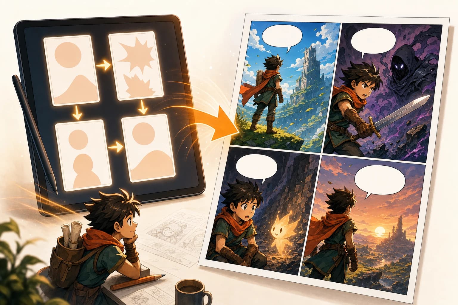 Story idea turning into a sequential comic strip page with consistent characters