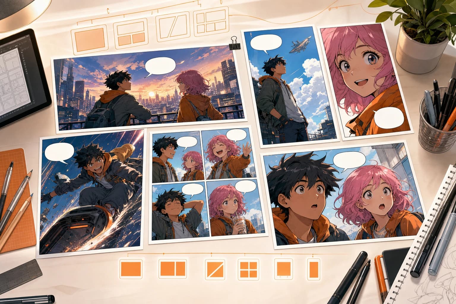 Flexible comic strip panel layouts with wide, tall, close-up, action, and reaction panels