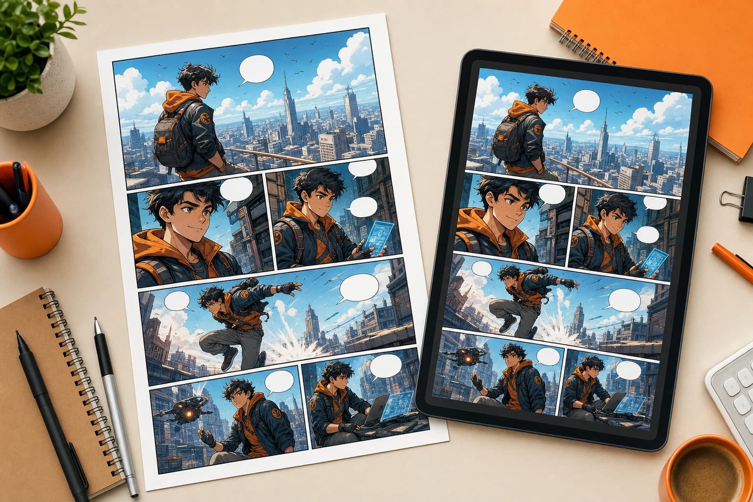 Professional high-resolution comic page output shown on paper and tablet