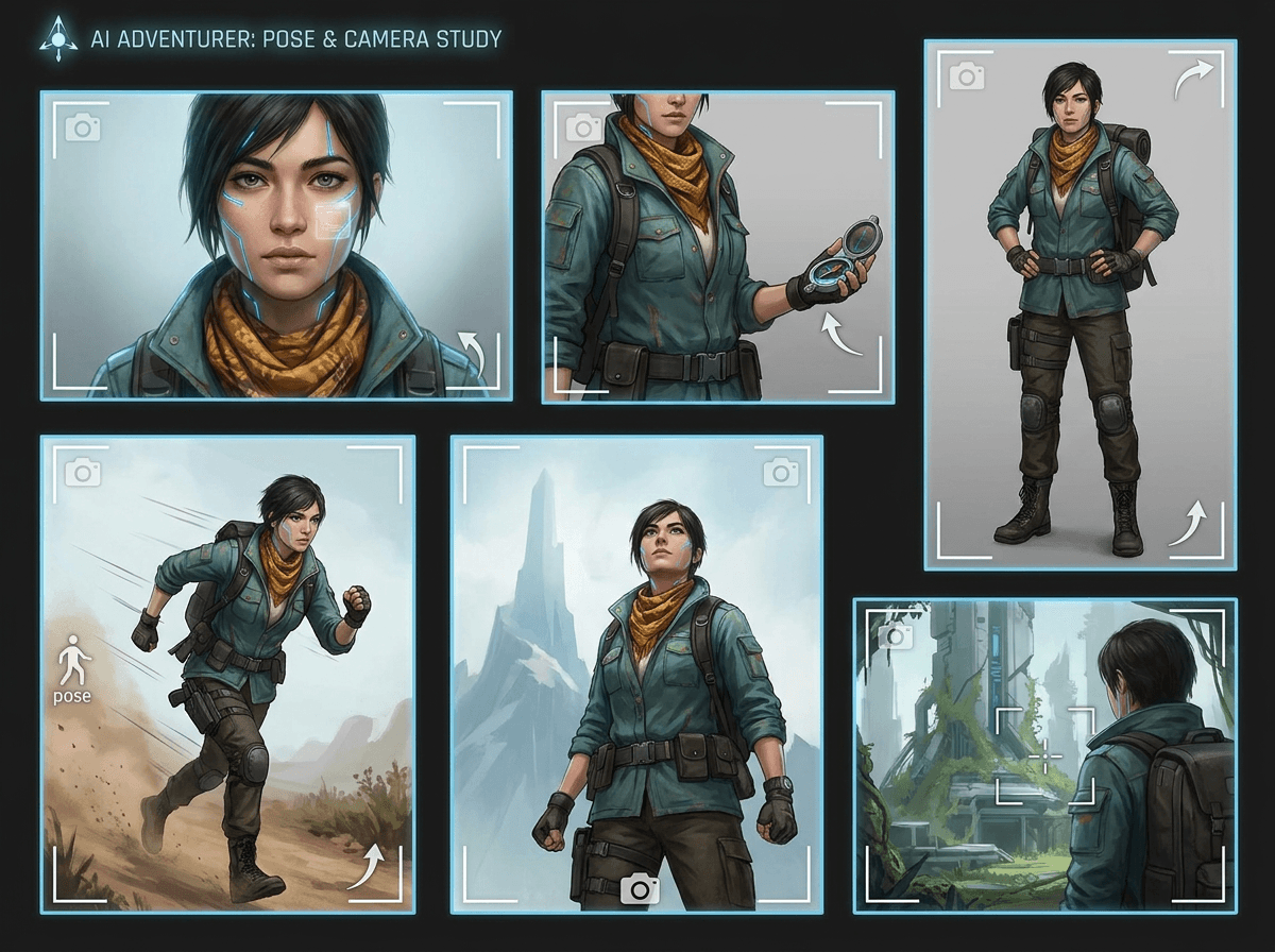 AI character design pose and camera angle reference board