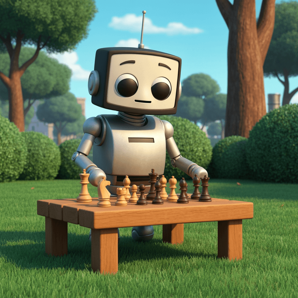 A charming cartoon robot playing chess outdoors on a wooden table, centered from a low angle with soft daylight, manicured greenery, warm chess pieces, cool metallic surfaces, and a calm blue sky.