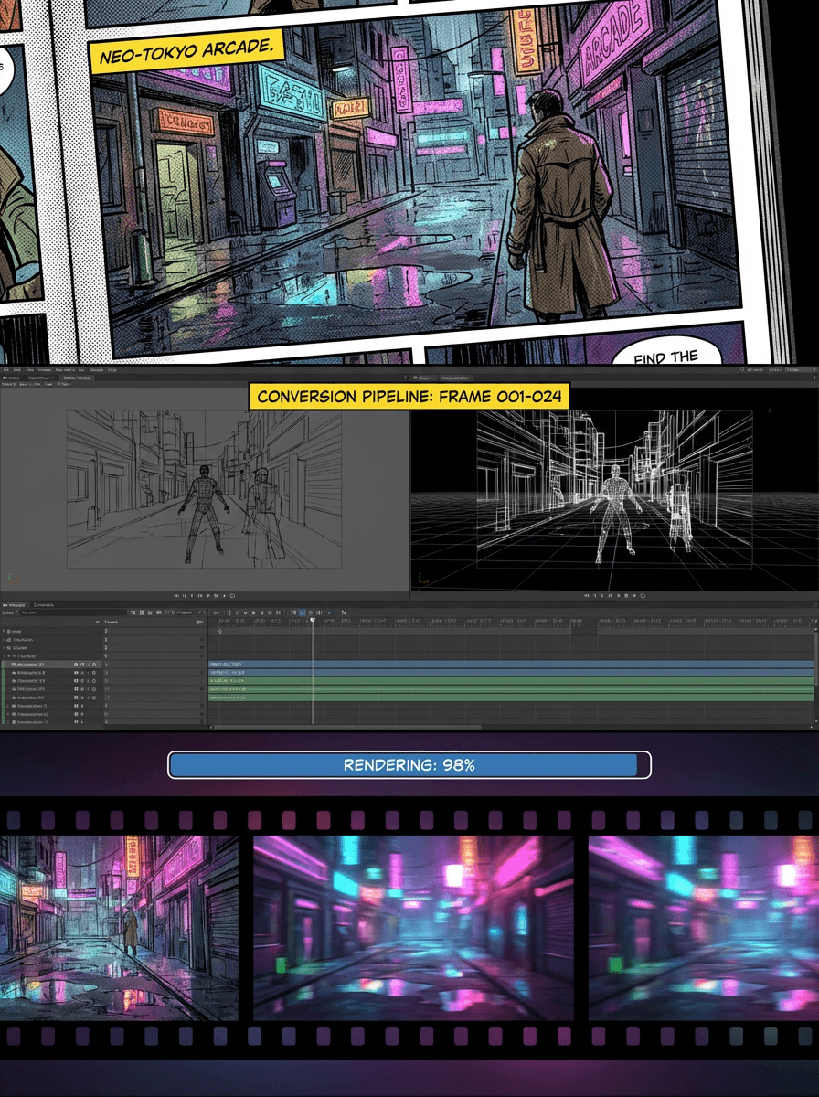 Cyberpunk comic panel converting into an animated scene
