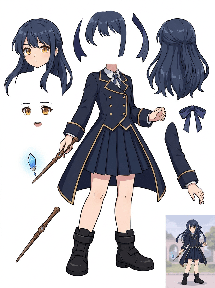 Split asset sheet for an anime magic academy student