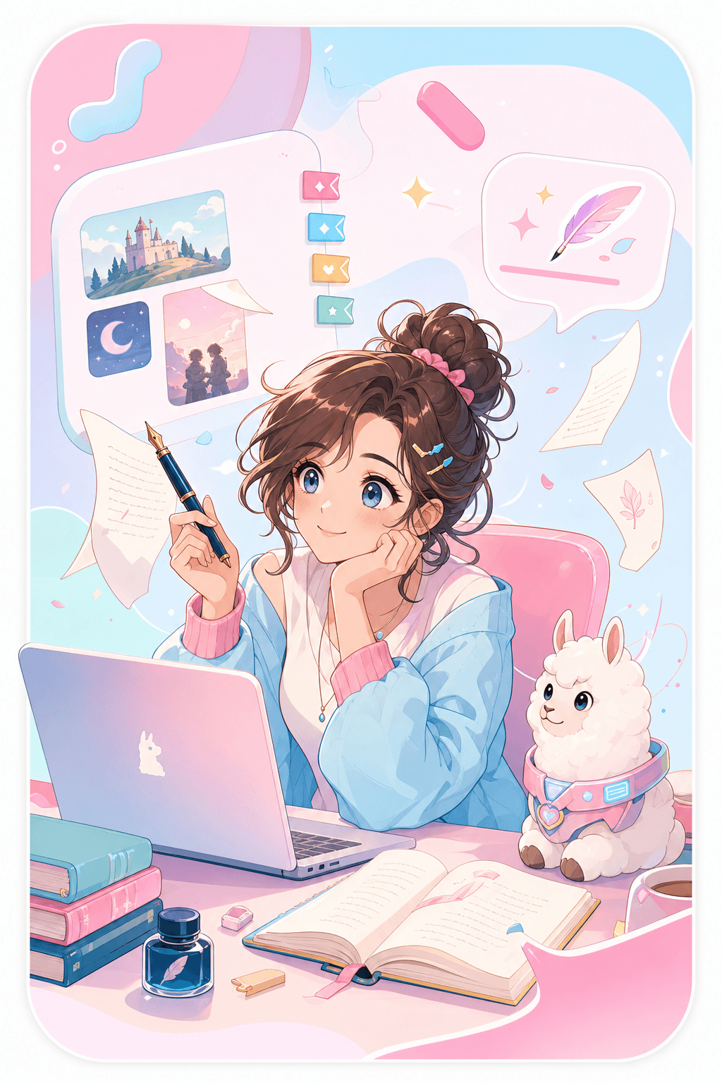 Velika style Story AI novelist portrait with manuscript and story notes