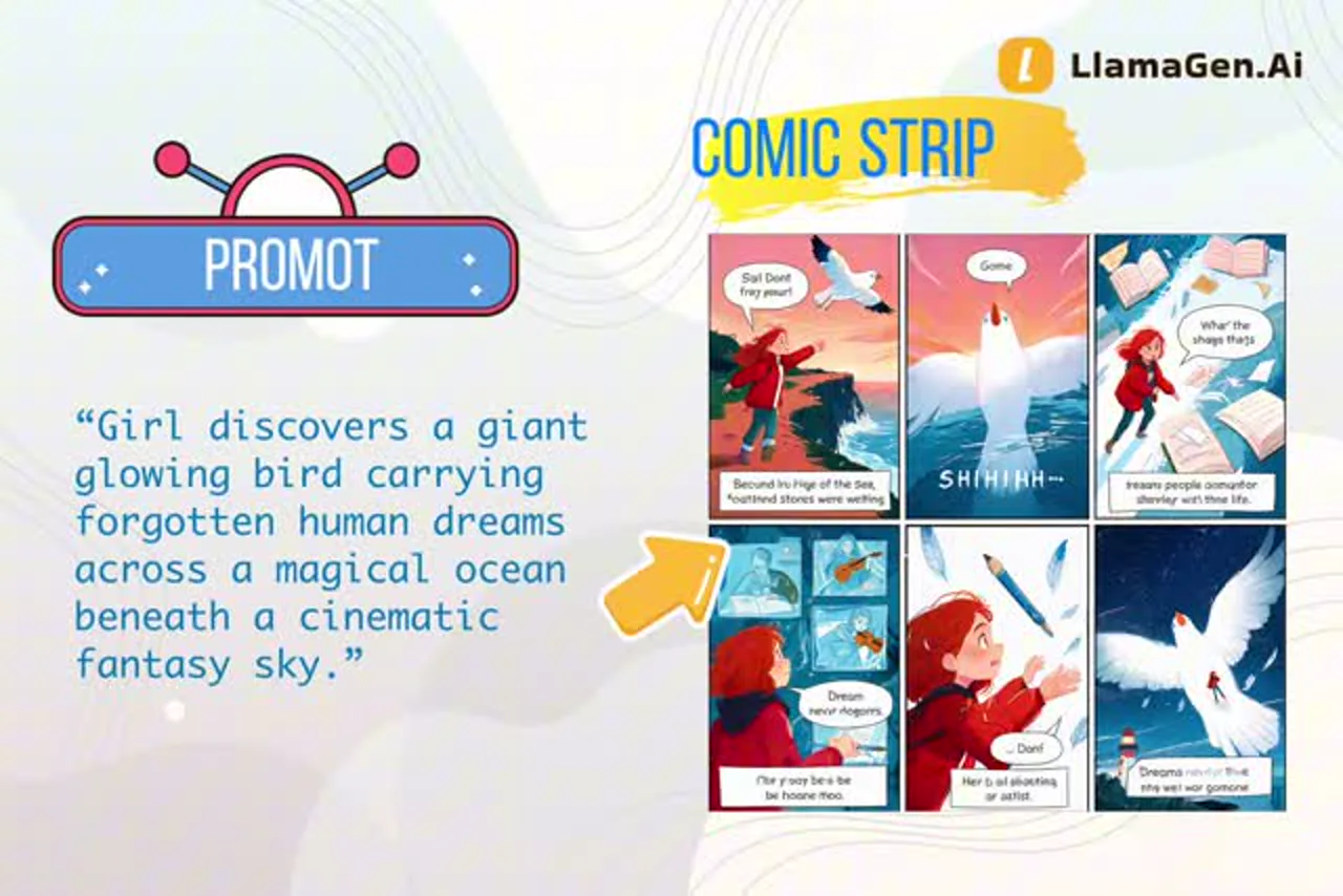 Prompt and generated comic strip used as the source for the dream bird comic-to-video case