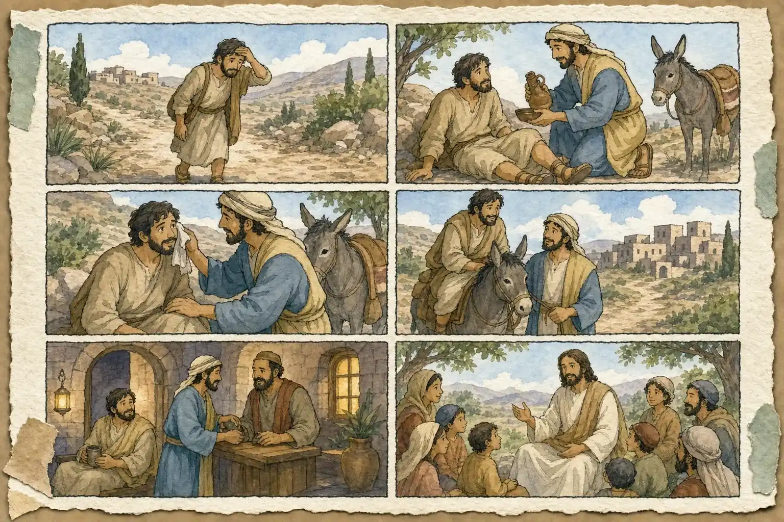 Generated 4-panel values-based comic strip about kindness, sharing, and community