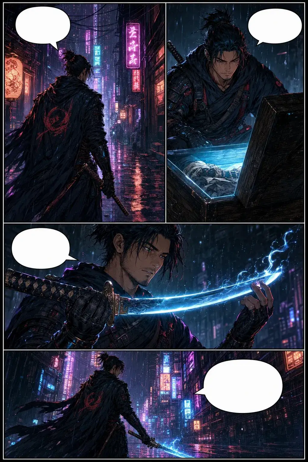 Generated 4-panel anime-inspired comic strip about an orbital courier returning a glowing star map