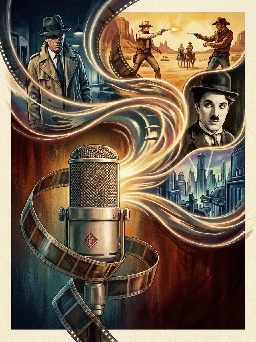 Studio microphone with cinematic sound waves poster