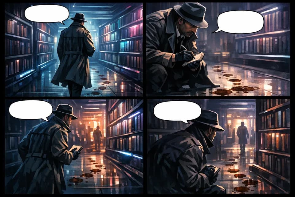 Generated 4-panel sci-fi noir comic strip preview about a detective following coffee stains through a futuristic library