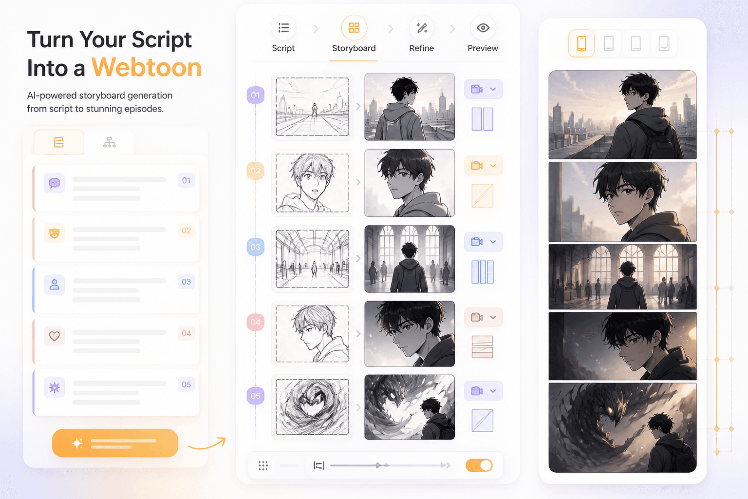 Webtoon storyboard generator product mockup