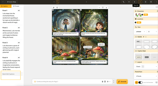 Batch caption editing interface for multiple panels